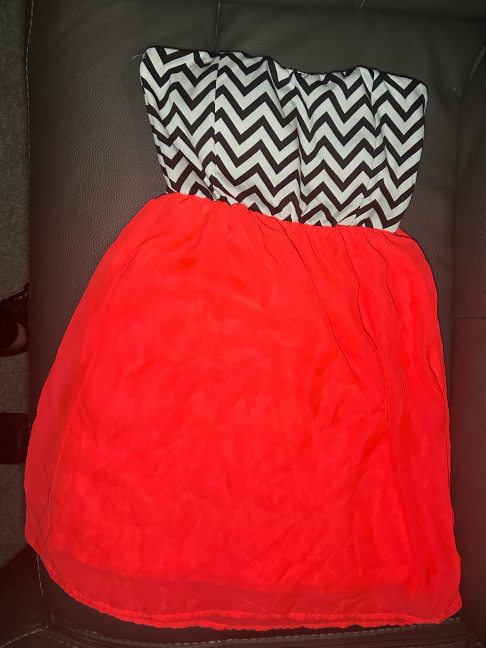 Strapless Chevron Bodice Coral-Red A-Line Dress